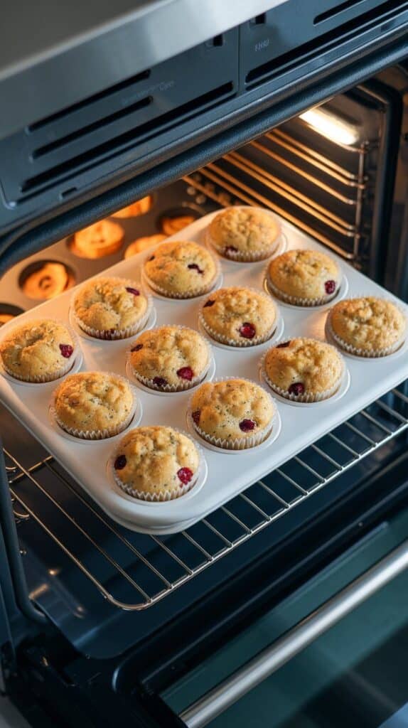 golden lemon cherry poppy seed muffins rising and browning slightly in the oven inside a white muffin tin, red cherry bits peeking through