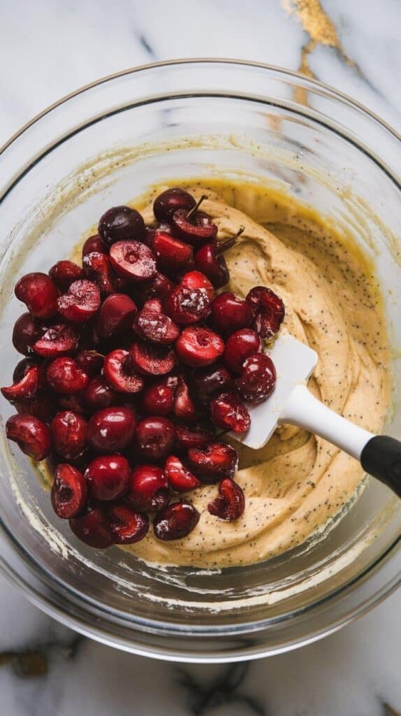  floured chopped cherries being folded into lemon poppy seed muffin batter with a spatula, red fruit mixing through pale yellow batter