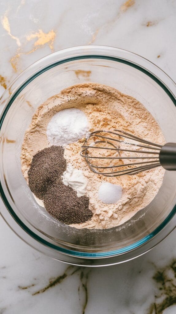 flour, poppy seeds, baking powder, baking soda, and salt being whisked together in a large glass mixing bowl, fine dry texture with specks of seeds