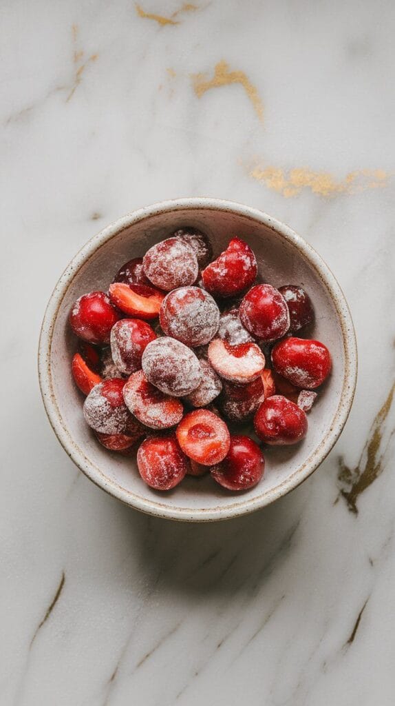 chopped fresh cherries lightly coated in flour in a small bowl, red fruit glistening with white dusting