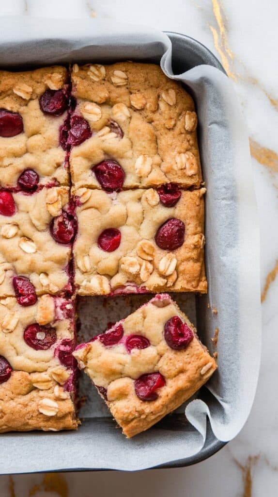  cooled cherry oatmeal cookie bars being sliced into 12 neat squares in a parchment-lined baking dish, cherry pieces and oats visible