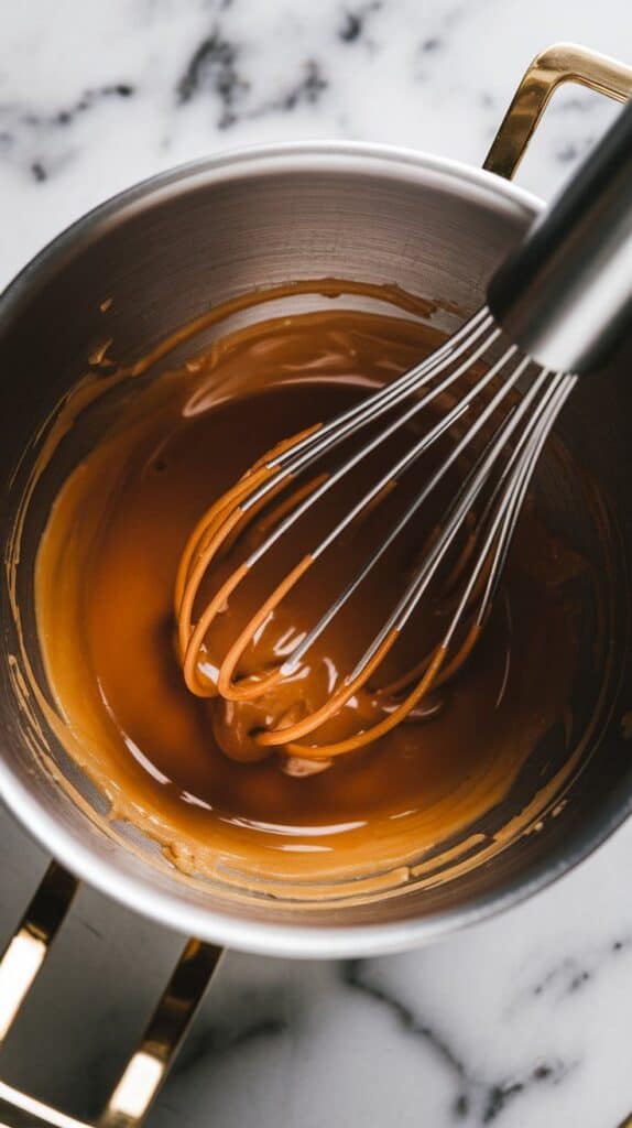 melted butter, packed brown sugar, egg, and vanilla being whisked into a thick caramel-colored mixture in a mixing bow