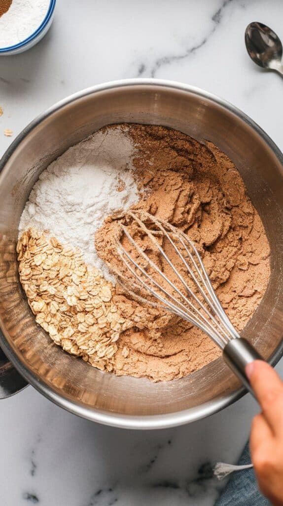  oats, flour, baking soda, cinnamon, and salt being stirred together in a large bowl with a whisk, dry and slightly textured mixture forming