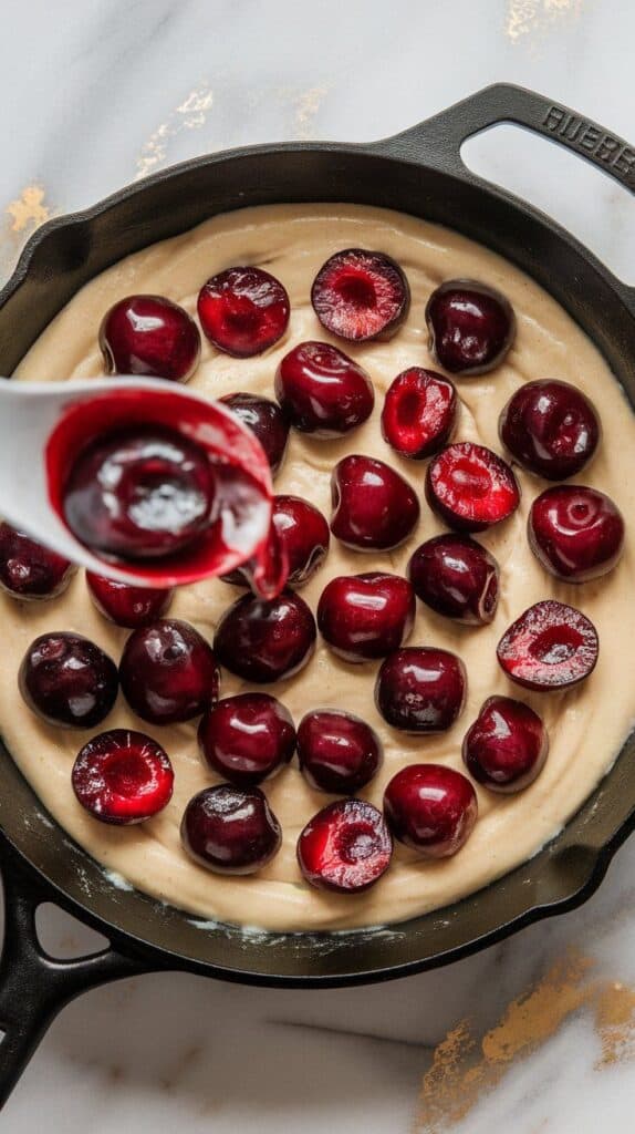 uicy, sugared cherries being spooned evenly over the batter in the skillet, fruit gently sinking into the mixture, glossy and vibrant