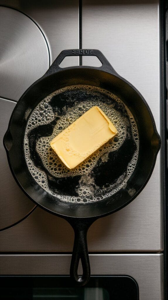 tick of butter melting in a cast-iron skillet, bubbly and golden around the edges, skillet handle visible, on a modern stainless steel double oven,