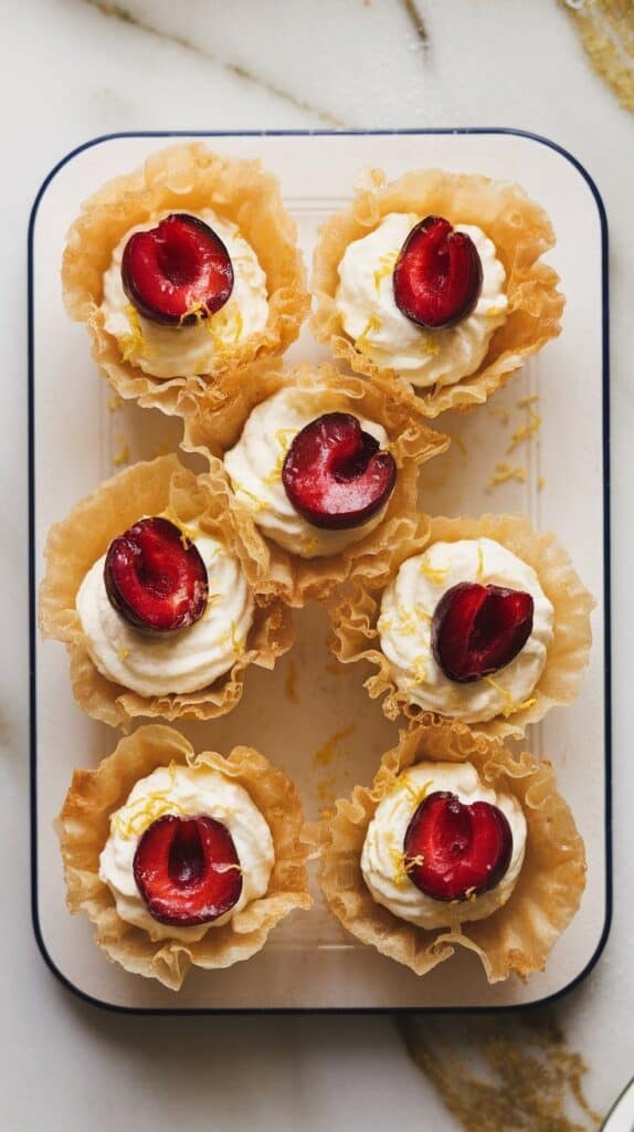 12 assembled cherry phyllo cups on a white serving platter, golden shells filled with creamy lemon filling and topped with fresh cherries