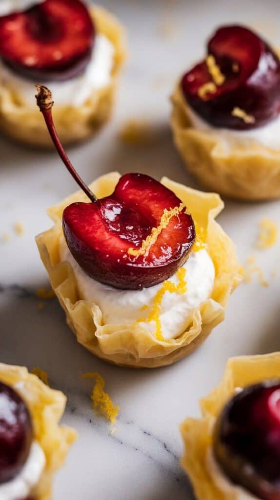 fresh cherry halves being placed on top of lemon cream-filled phyllo cups, red fruit glossy and vibrant, a touch of lemon zest sprinkled over each