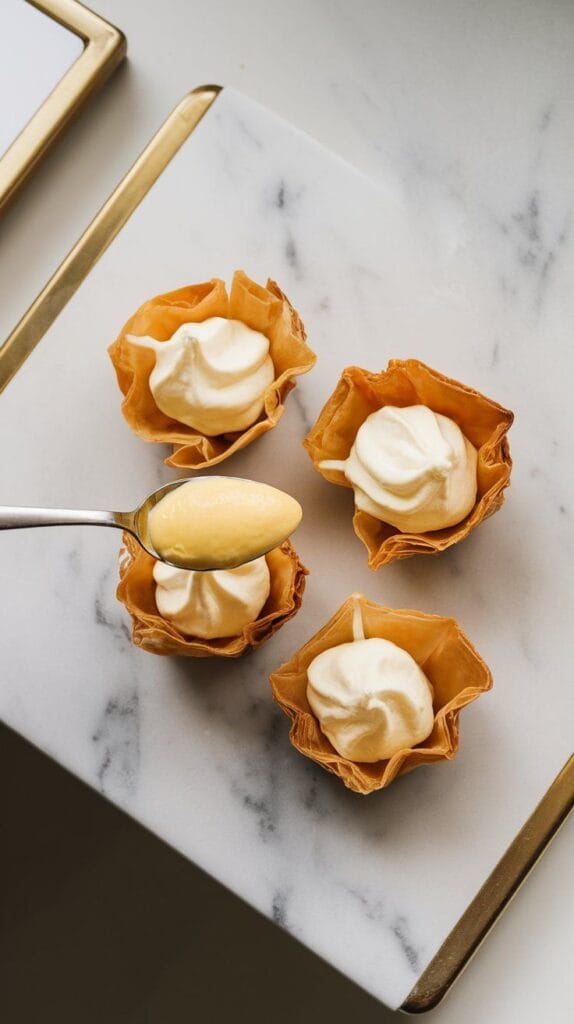 f a spoon dolloping lemon cream into golden baked phyllo cups, creamy filling holding soft peaks inside the crisp shells, on white marble counters