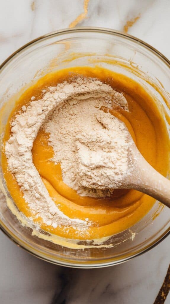 flour mixture being folded into the egg and oil batter with a spatula, smooth golden batter starting to form, some flour still visible