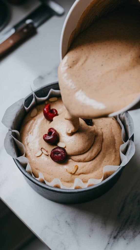 cake batter being poured into a parchment-lined round cake pan, cherries and almond slices placed gently on top, batter evenly spread with a spatula
