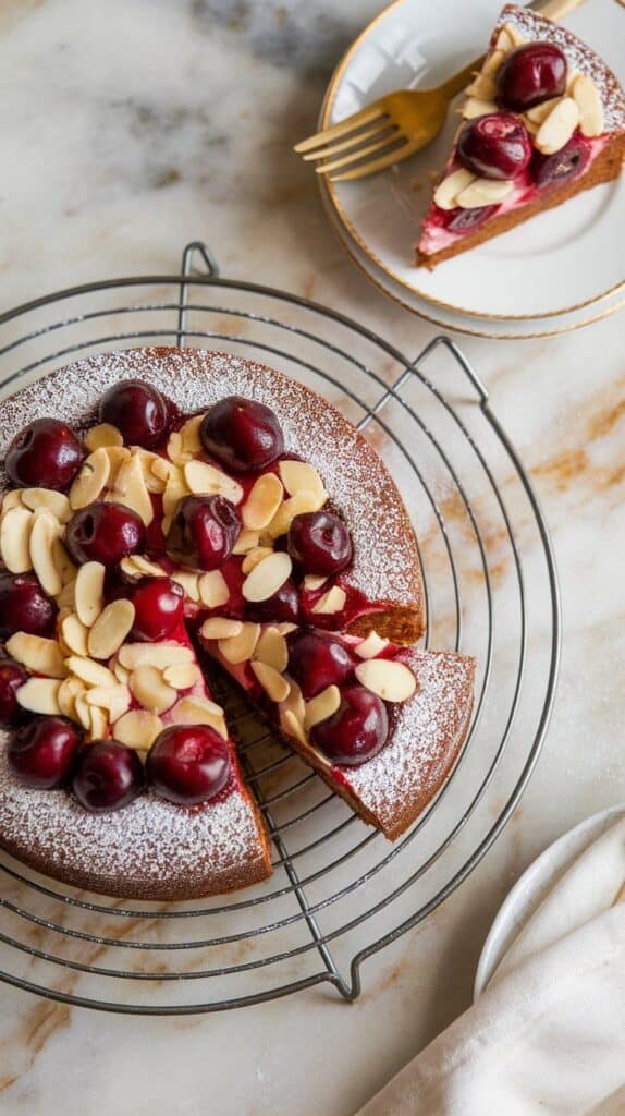 cooled cherry almond olive oil cake on a wire rack, lightly dusted with powdered sugar, sliced with one piece on a plate, juicy cherries and almond topping visible,