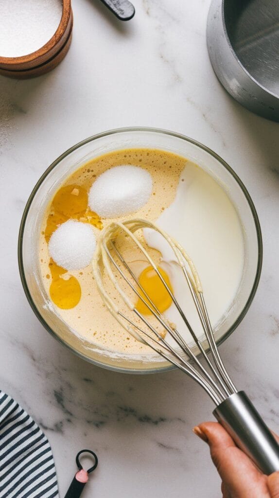 sugar and eggs whisked into a pale yellow mixture, olive oil and milk just added in, almond and vanilla extract drops swirling into the batter