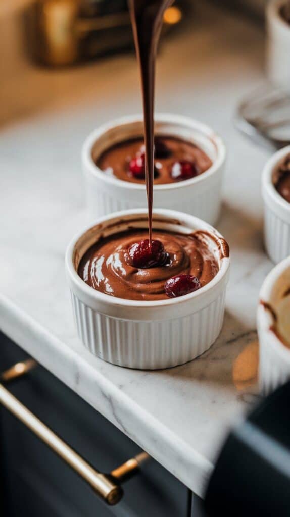 greased white ramekins being filled with cherry chocolate batter, batter sitting about ¾ full in each ramekin,