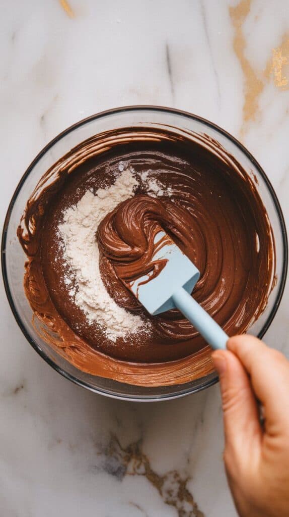  flour, salt, and vanilla being folded into the chocolate batter with a spatula, mixture thickening and smoothing
