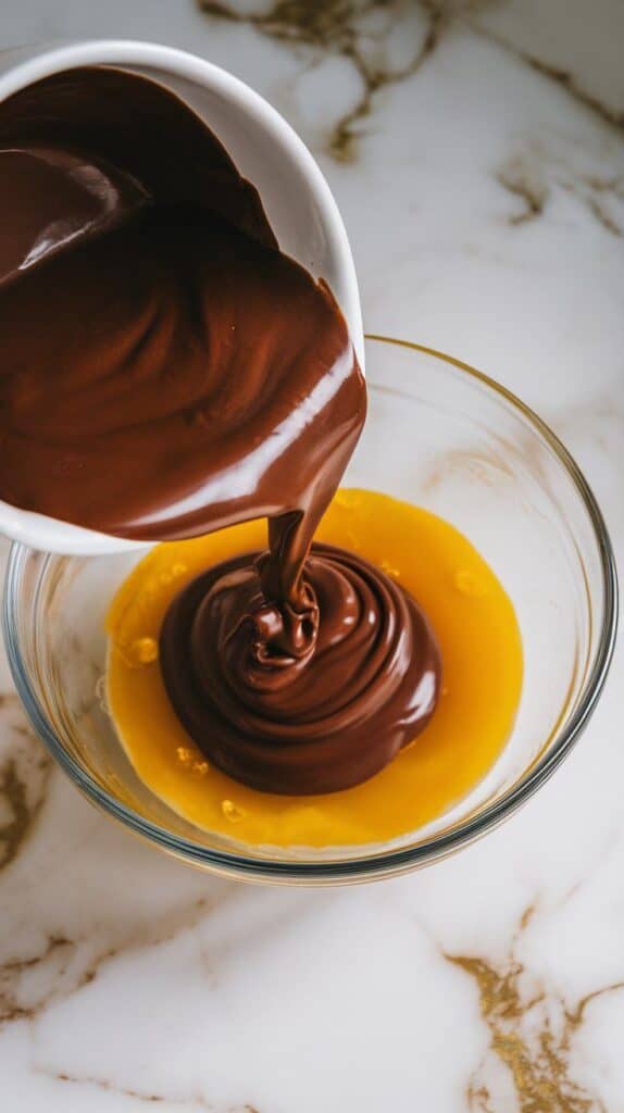 melted chocolate mixture being poured into whisked egg and sugar mix, deep brown batter forming
