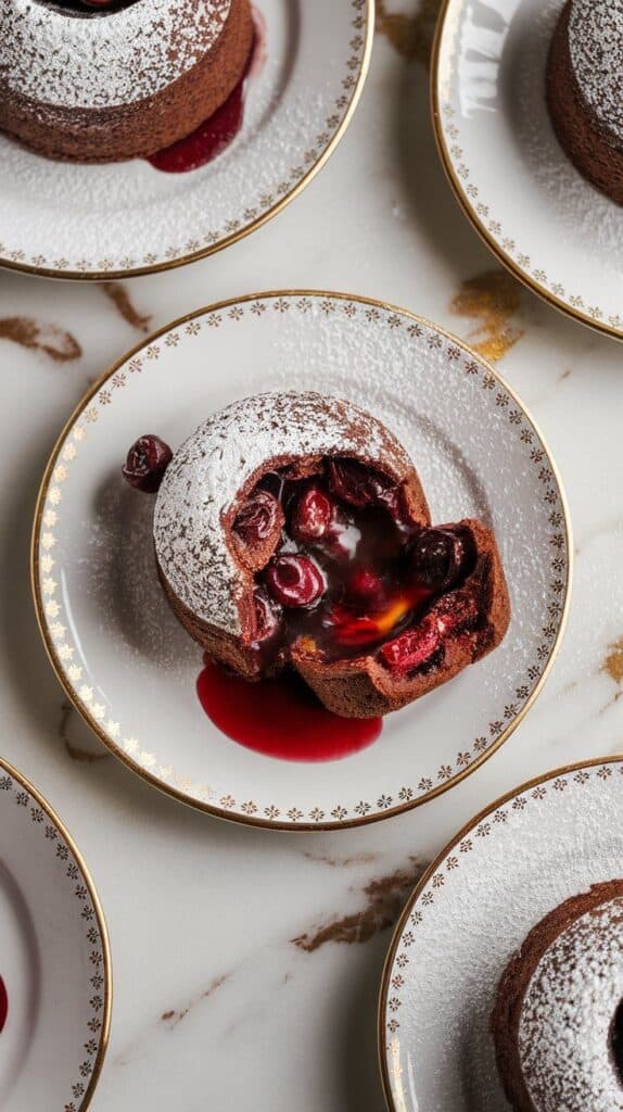 warm cherry chocolate lava cakes inverted onto dessert plates, one sliced open with molten chocolate and cherries oozing out