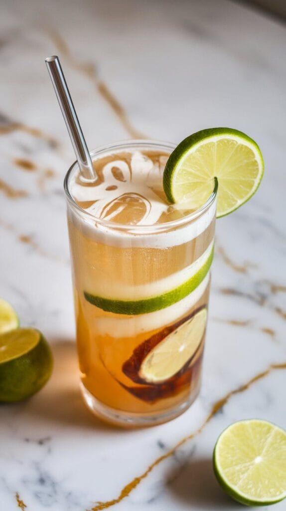 fully assembled key lime fizz dirty soda in a tall glass, creamy swirls throughout the soda with lime wedge on the rim and straw inside