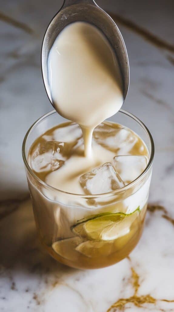 thick sweetened condensed milk being spooned into the glass over ice, milky ribbons sinking into the citrus mix below
