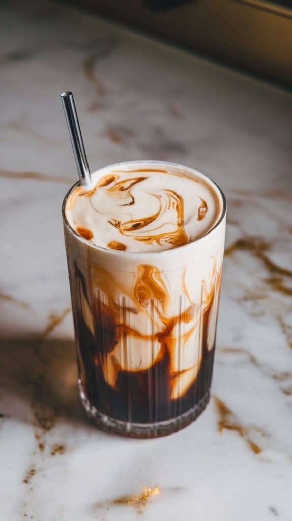 the finished maple twist dirty soda in a tall glass, filled with ice, swirled cream, and dark soda with a straw, soft foam on top