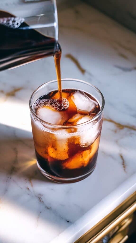 dark Pepsi being poured into a glass with ice and maple syrup, bubbles forming on top, maple starting to mix into the soda