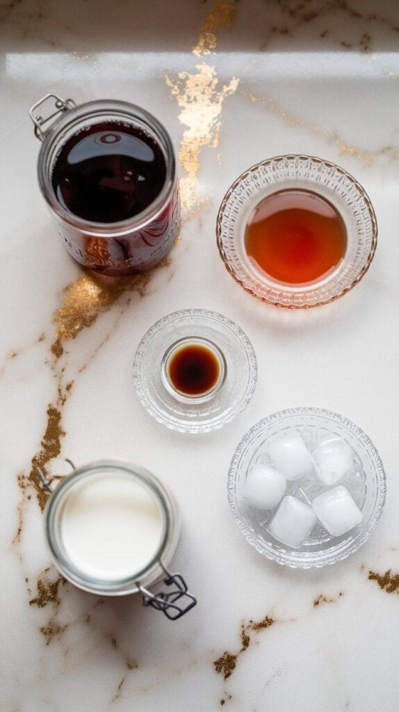 1 cup Pepsi in a clear glass jar, 1½ tablespoons maple syrup in a small glass plate, ¾ teaspoon vanilla extract on a tiny plate, 2 tablespoons half & half in a clear jar, a few clear ice cubes on a small plate