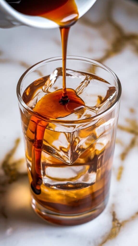thick maple syrup being poured over clear ice cubes in a tall glass, syrup clinging to the sides of the cubes, dark amber color shining in the light
