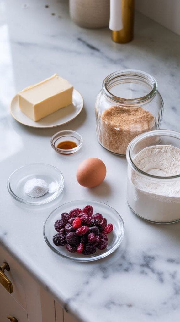  ½ cup unsalted butter in a small white plate, 1 cup packed light brown sugar in a clear shallow dish, 1 large egg on a white saucer, 1 teaspoon vanilla extract in a small clear plate, 1 cup all-purpose flour in a plain glass bowl, ¼ teaspoon baking powder and ¼ teaspoon salt together on a tiny clear dish, and ½ cup mulberries