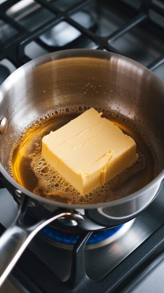 bubbling, golden brown butter in a saucepan with toasted milk solids at the bottom, shiny and aromatic, on a modern stainless steel gas stove