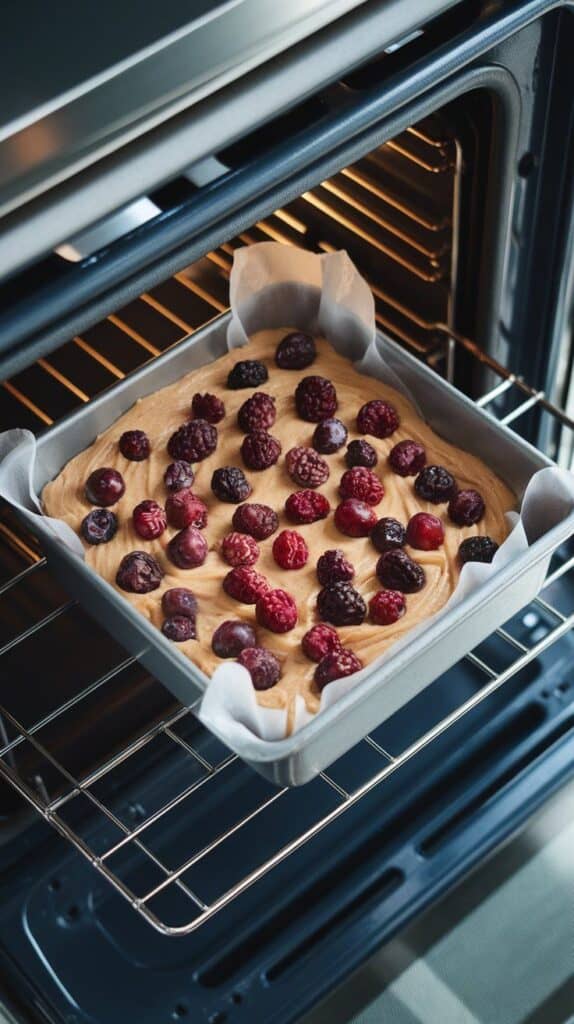 blondie batter spread evenly in a square parchment-lined metal baking pan, mulberries showing on top, ready to go in the oven, placed in a modern stainless steel double oven