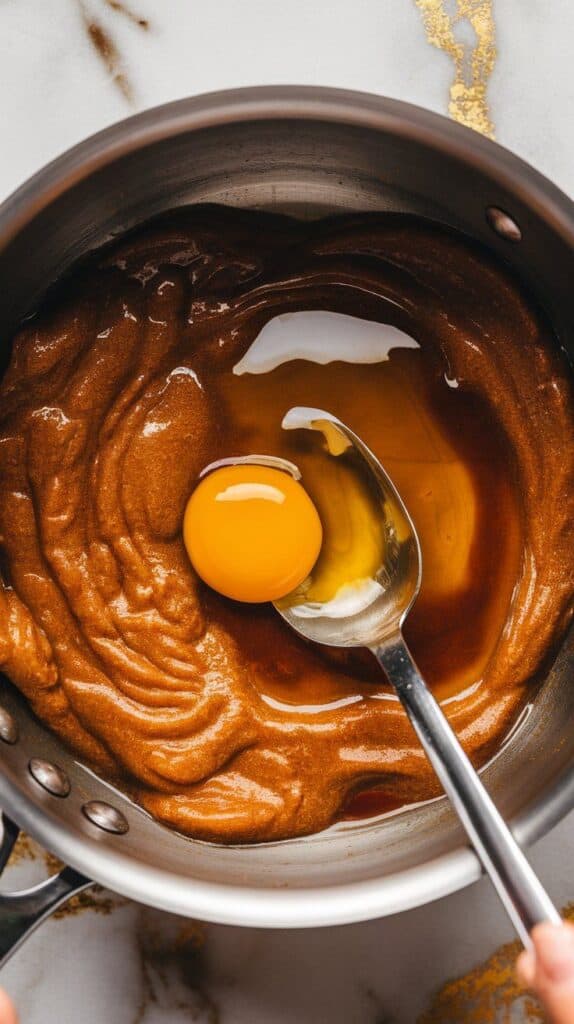 warm brown butter and brown sugar being stirred together with a spoon, egg just cracked in, vanilla pooled on top, mixture glossy and golden