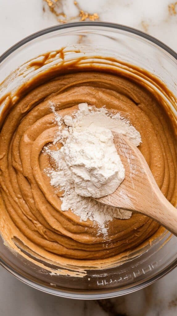 flour, baking powder, and salt being gently folded into the blondie batter, smooth golden texture forming, just combined