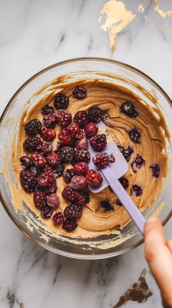 dried or fresh mulberries being folded into thick golden blondie batter with a spatula, some berries peeking through the surface