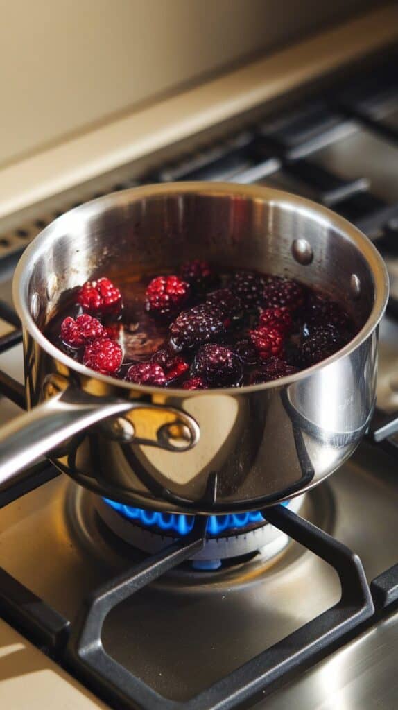 mulberries simmering in honey and lemon juice in a small saucepan, berries softening and juices thickening slightly