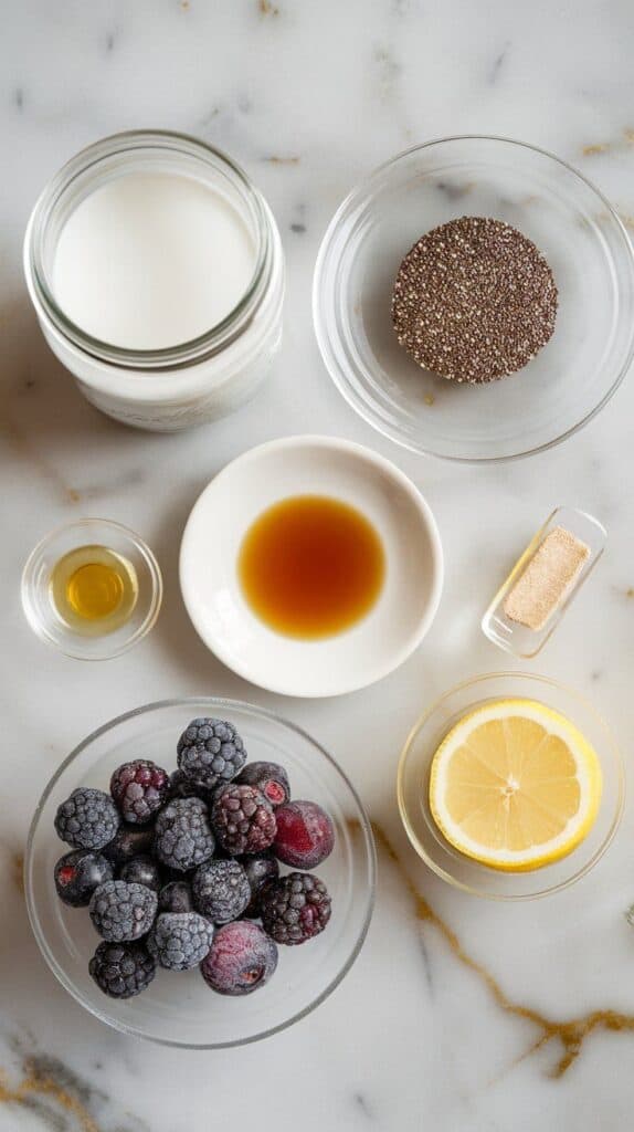  1 cup canned coconut milk in a small clear jar, ¼ cup chia seeds in a clear shallow dish, 1 tablespoon maple syrup on a small white plate, ½ teaspoon vanilla extract on a tiny clear saucer, 1 cup fresh or frozen mulberries in a clear bowl, 1 tablespoon honey in a small plate, and 1 teaspoon lemon juice in a tiny clear dish