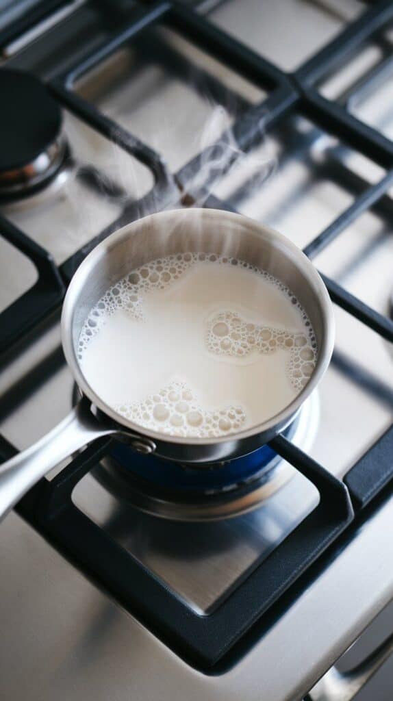 milk being gently heated in a small saucepan, steam just starting to rise, bubbles forming at the edges