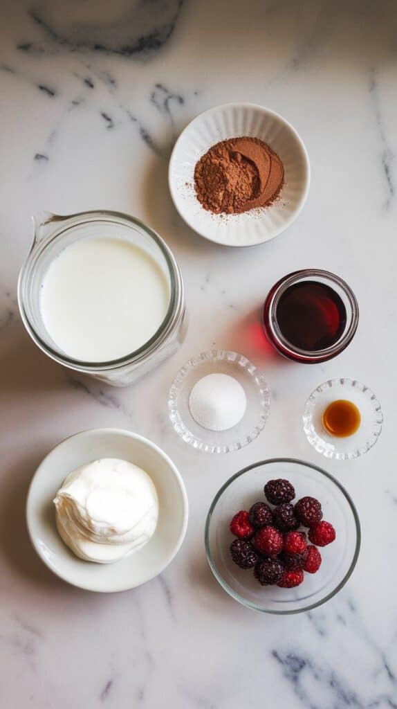 2 cups milk in a small clear jar, 2 tablespoons cocoa powder on a small white plate, 2 tablespoons sugar on a shallow clear plate, ¼ cup mulberry syrup in a small glass jar, ½ teaspoon vanilla extract on a tiny clear plate, a spoonful of whipped cream on a small white dish, and a few fresh mulberries on a clear plate
