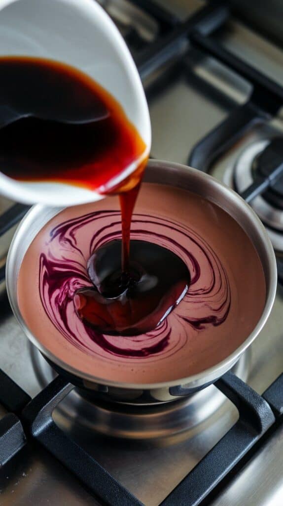 dark mulberry syrup and vanilla being poured into chocolatey milk mixture, deep purple swirls blending with rich brown cocoa