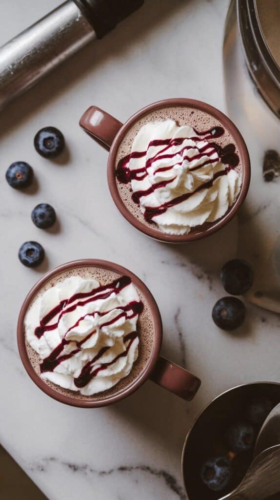  two mugs of hot chocolate topped with swirls of whipped cream, purple mulberry syrup drizzled over the top, a few fresh mulberries scattered nearby