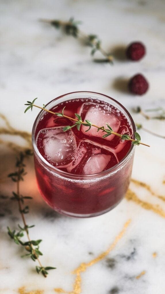 finished mulberry shrub cocktail in a short glass filled with ice, deep red color, bubbles rising, garnished with thyme and mulberries