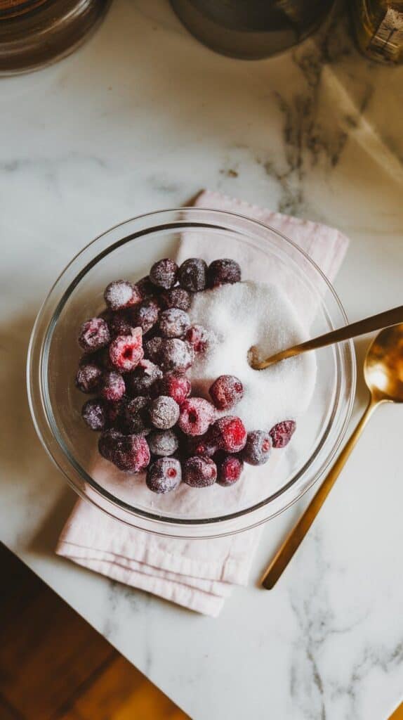  fresh mulberries and sugar being stirred together in a clear glass bowl, berries slightly mashed and coated in sugar, juices beginning to release