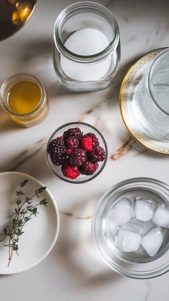 1 cup mulberries (fresh or frozen) on a small clear plate, ¾ cup sugar in a clear glass jar, ¾ cup apple cider vinegar in a small clear jar, 2–3 sprigs fresh thyme on a white plate, soda water in a clear glass bottle, a few clear ice cubes in a shallow clear dish