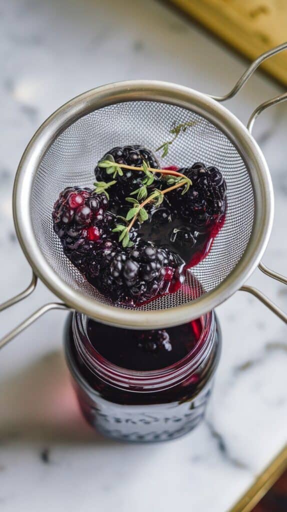 deep purple mulberry shrub being strained through a fine mesh sieve into a small glass jar, thyme stems and berry pulp visible in the strainer