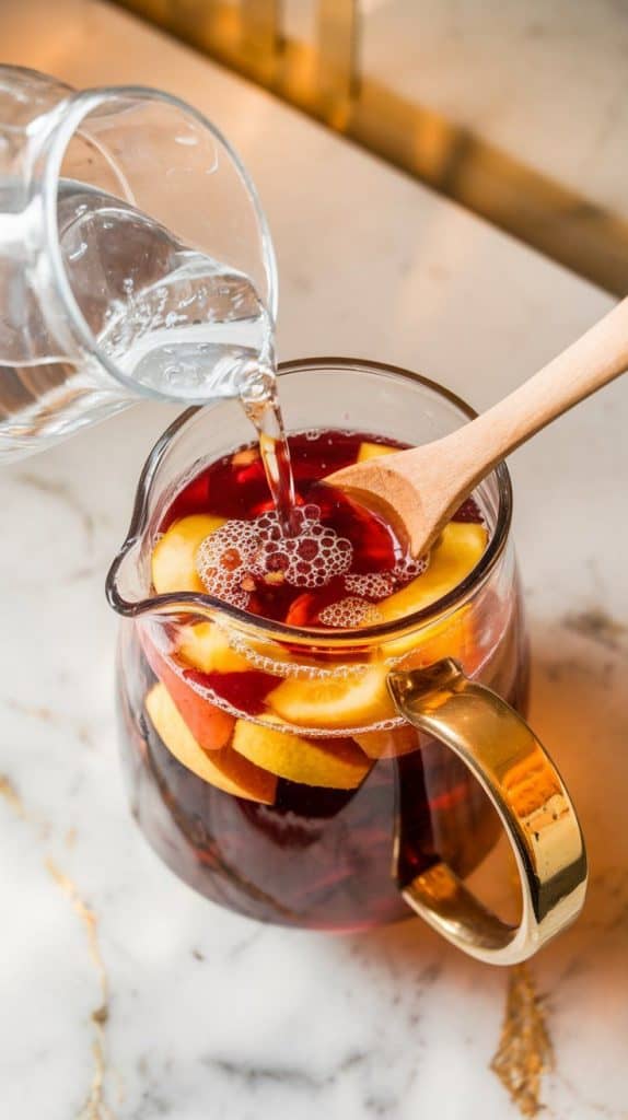 clear sparkling water being poured into the pitcher, bubbles forming as it mixes with the sangria.