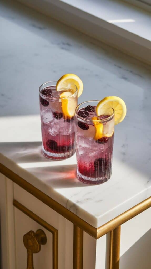 sparkling mulberry lemonade in two tall glasses, filled with ice, bubbly soda water on top, garnished with lemon slices and mulberries