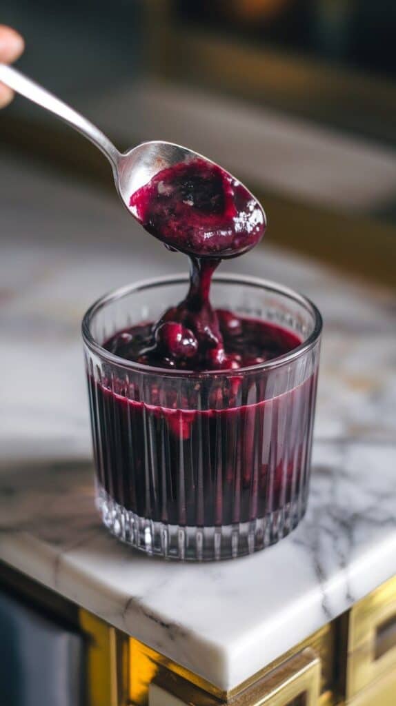 fresh mulberries being mashed with the back of a spoon in a clear glass, juices bursting and pulp forming a thick deep purple mix