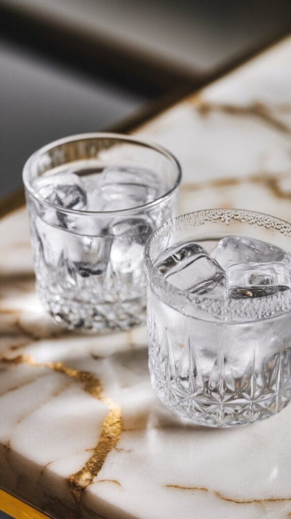 two clear glasses filled with large, clear ice cubes, sitting side by side, condensation just starting to form