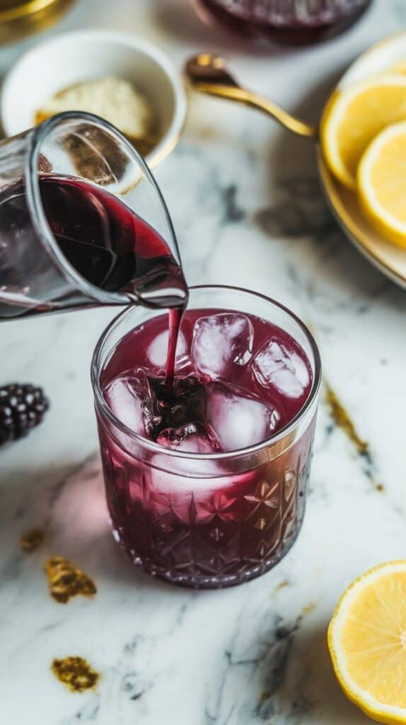  dark purple mulberry lemonade base being poured from a small cup into a glass filled with ice, swirling around the cubes