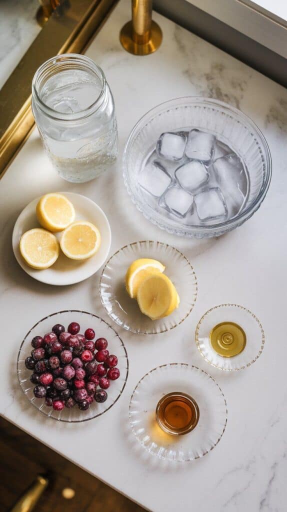 1 cup fresh or thawed frozen mulberries on a small clear plate, 2 tablespoons fresh lemon juice in a tiny clear dish, 1 tablespoon honey in a small glass plate, 1½ cups soda water in a clear glass jar, a few clear ice cubes in a shallow dish, lemon slices and extra mulberries on a small white plate