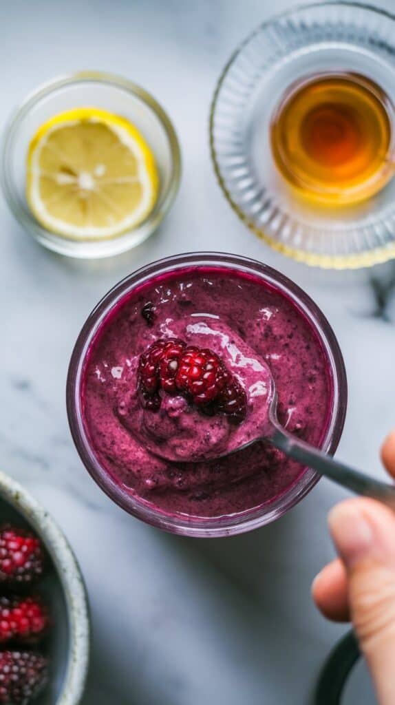 mashed mulberries mixed with fresh lemon juice and honey, being stirred into a vibrant purple mixture in a glass, glossy and thick