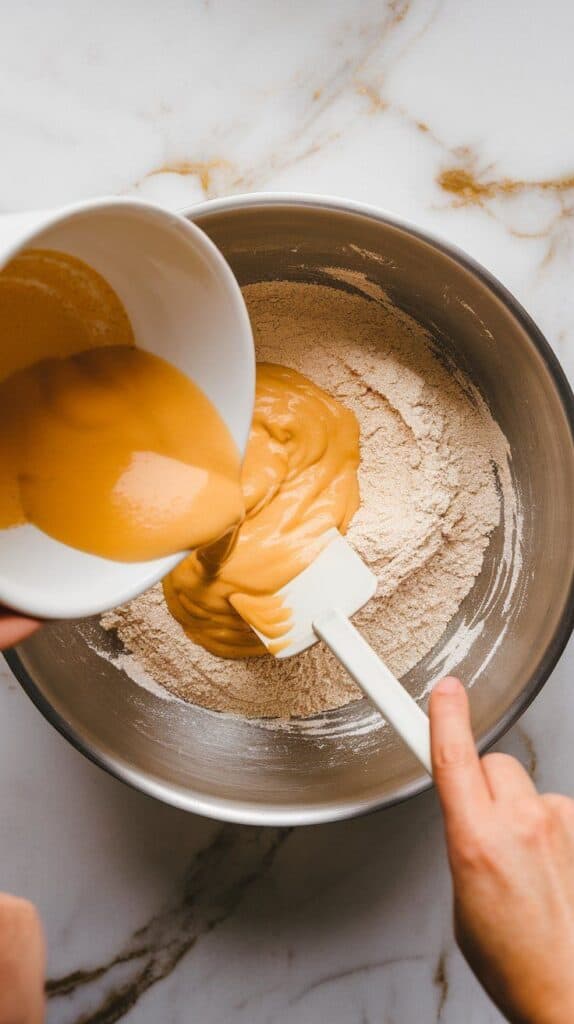 wet mixture being poured into dry ingredients in a large bowl, spatula gently folding the batter together with some streaks still visible
